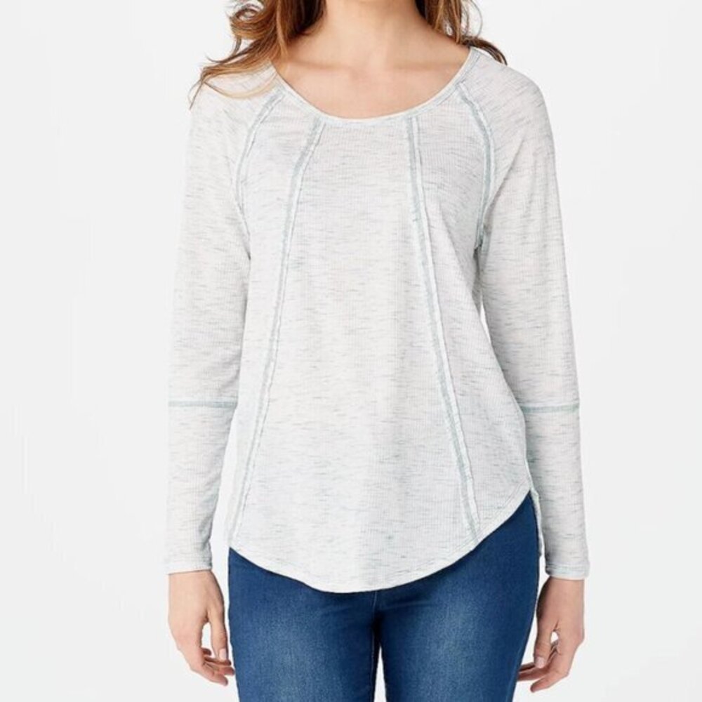 Lisa Rinna Collection‎ Long Sleeve Ribbed Top with Seaming Aqua Green Women's XL